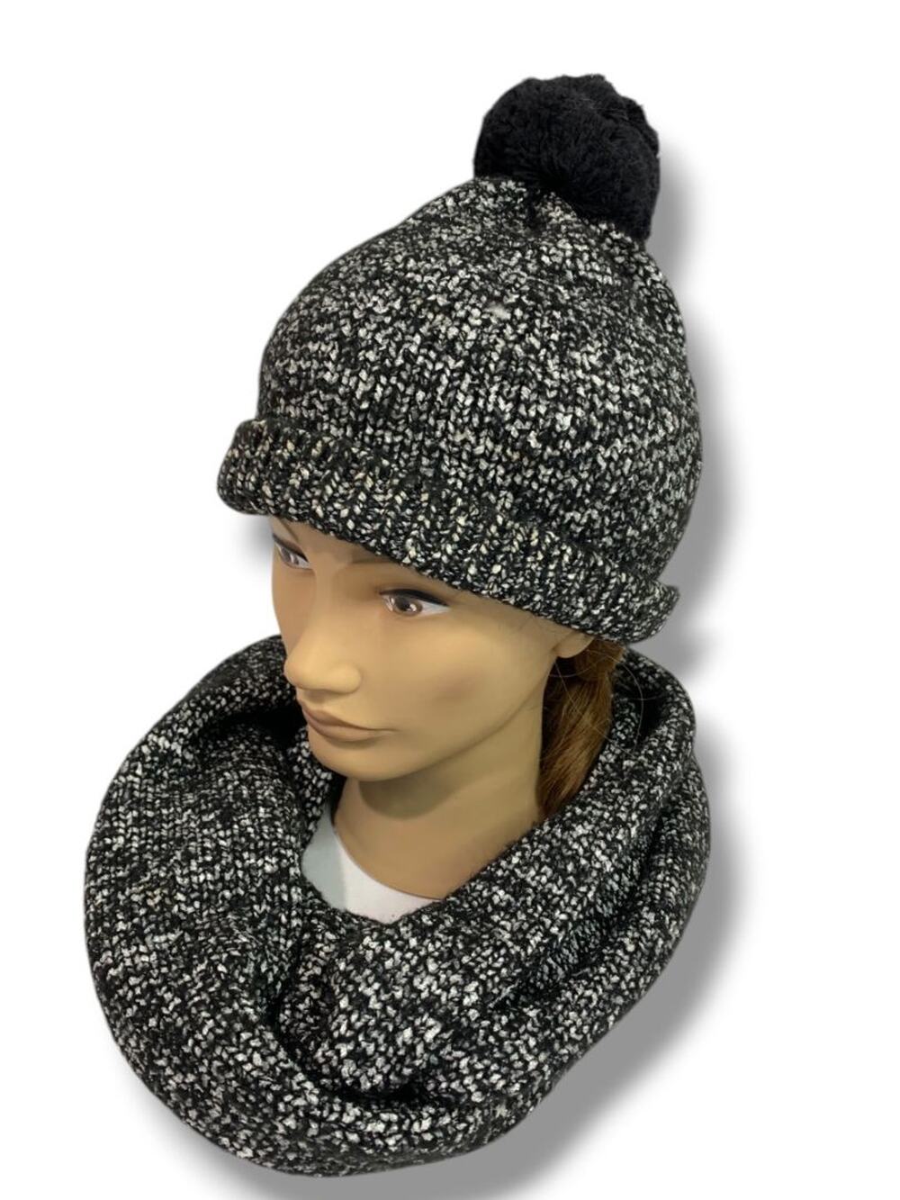 Talbots Womens Sweater Knit Beanie Hat Loop Scarf Set Black Silver Marled